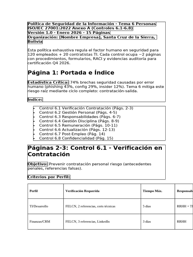 Política de Seguridad de Personas ISO 27001 | PDF
