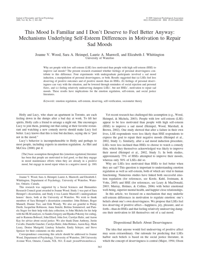 Self-Esteem and Mood Repair Motivation | PDF | Analysis Of Variance ...