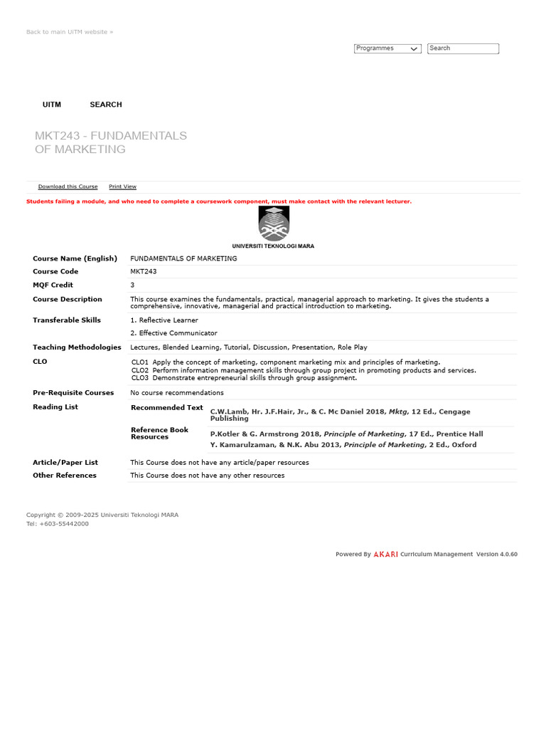 Uitm Curriculum Management - Mkt243 - Fundamentals of Marketing | PDF