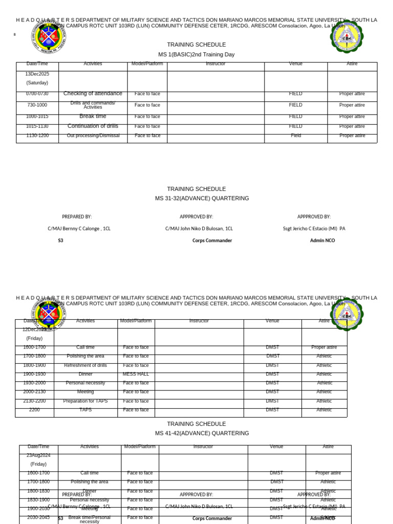 ROTC Training Schedule 2025-2026 | PDF | Military Life | Military Science