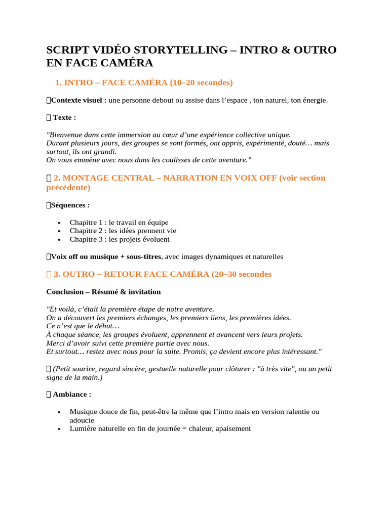 Script vidéo storytelling : intro et outro | PDF