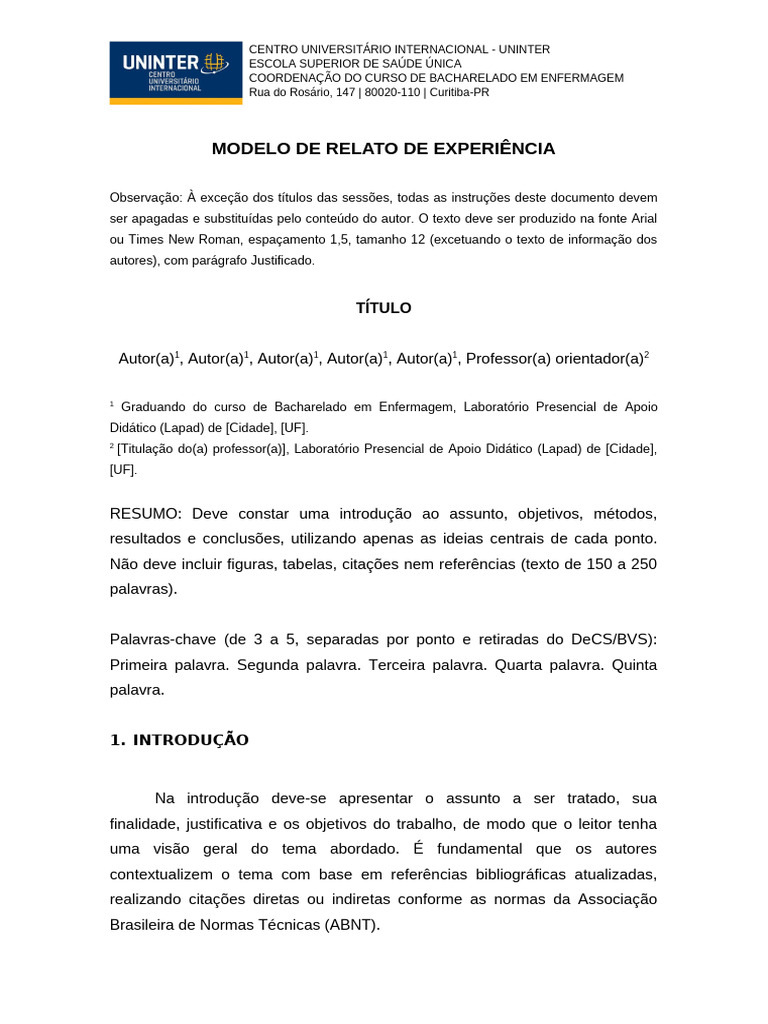Modelo de Relato de Experiência em Enfermagem | PDF | Enfermagem | Autor