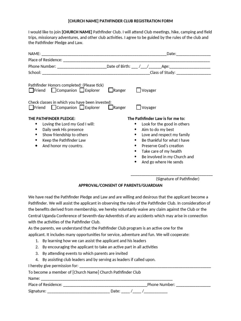 Pathfinder Club Registration Form | PDF