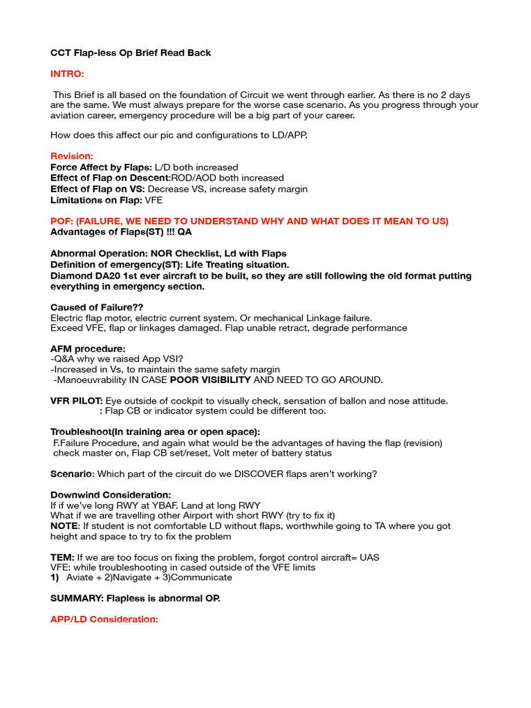 CCT Flap-less Op Brief Read Back | PDF | Aviation | Transport Accidents ...