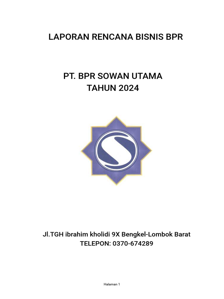 Rencana Bisnis BPR Sowan Utama 2024 | PDF