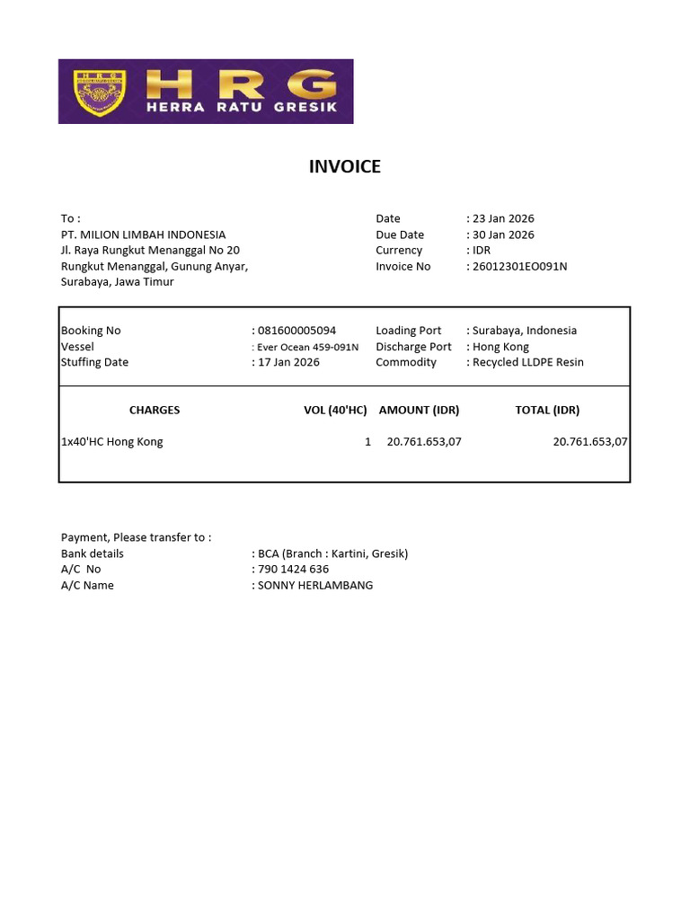 Invoice for Recycled LLDPE Resin Shipment | PDF