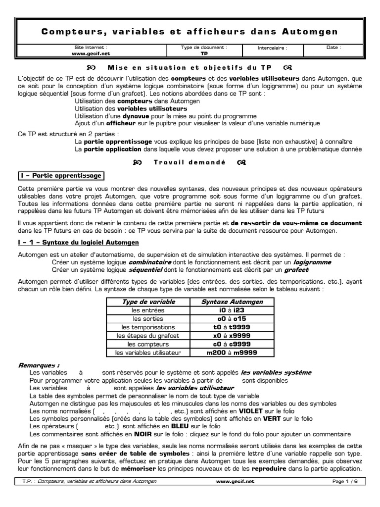 Compteurs et variables dans Automgen | PDF | Parking | Informatique