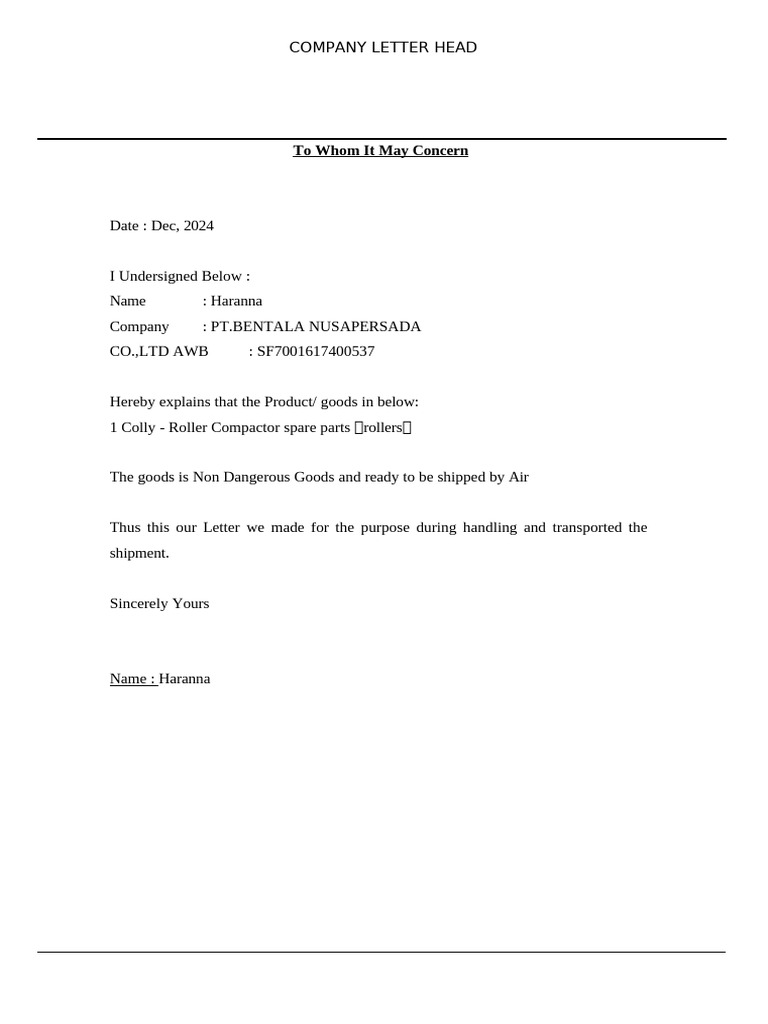 Master_statement Non Dg Letter_1 | PDF