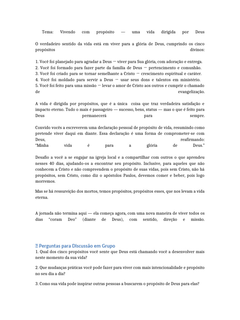 Viver com Propósito: 5 Direções de Deus | PDF