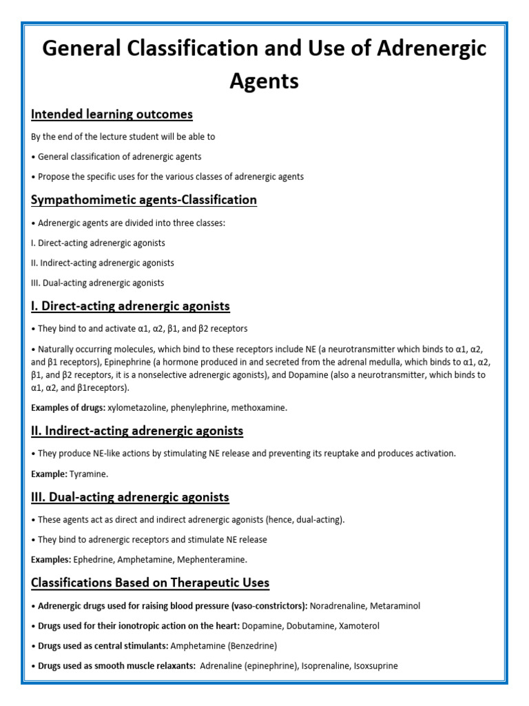 Classification and Uses of Adrenergic Agents | PDF | Norepinephrine | Drugs