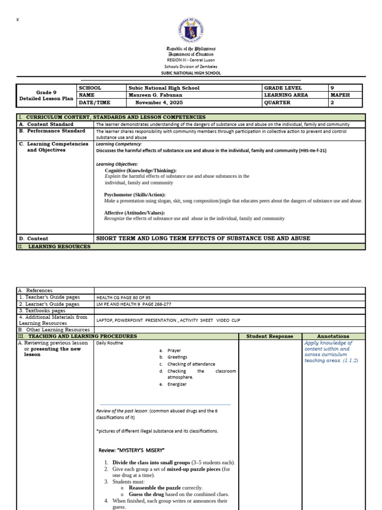 Grade 9 MAPEH Lesson Plan on Substance Abuse | PDF | Substance Abuse ...