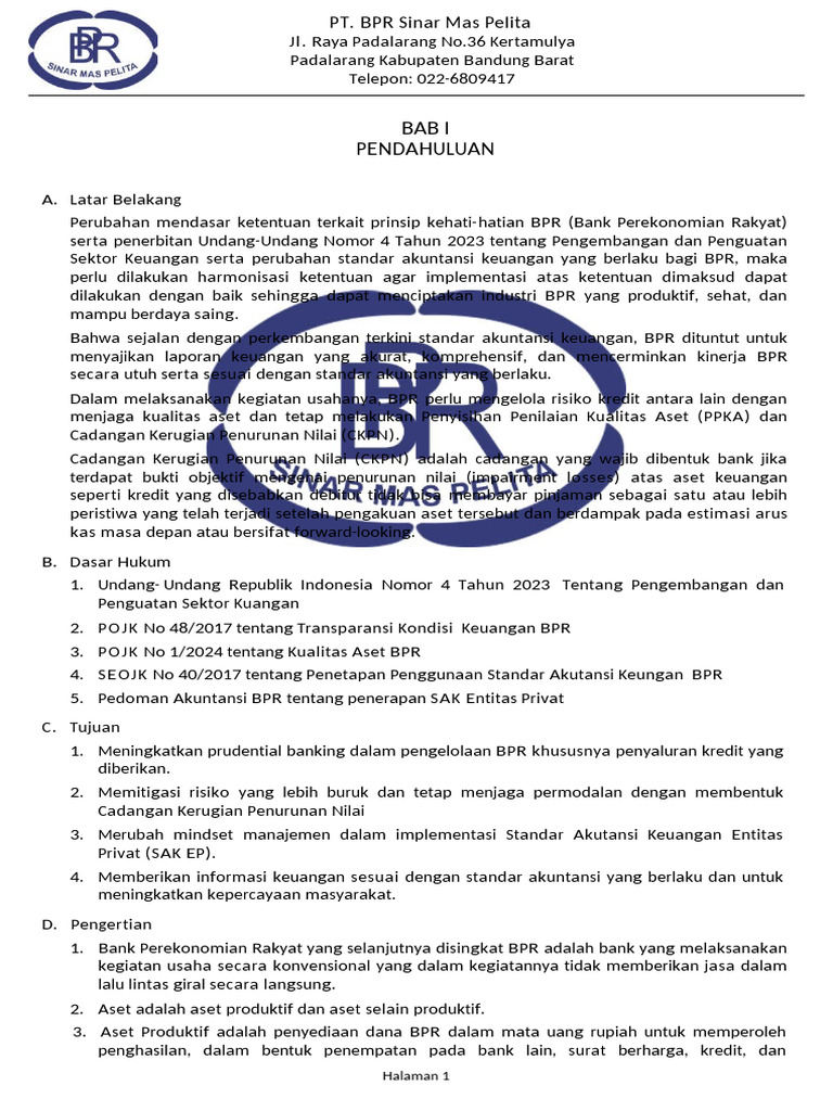 Kebijakan PPKA dan CKPN BPR Sinar Mas | PDF