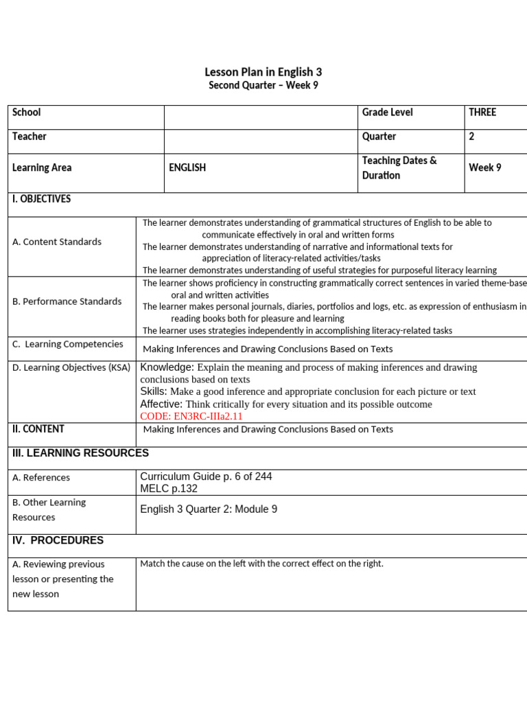 English 3 Lesson Plan: Inferences & Conclusions | PDF | Learning ...