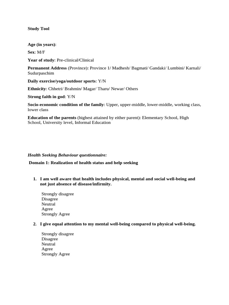 Health Seeking Behavior Questionnaire | PDF | Prescription Drugs | Thought