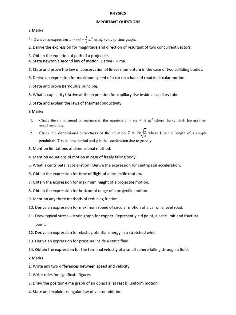 Key Physics Questions and Derivations | PDF | Velocity | Newton's Laws ...