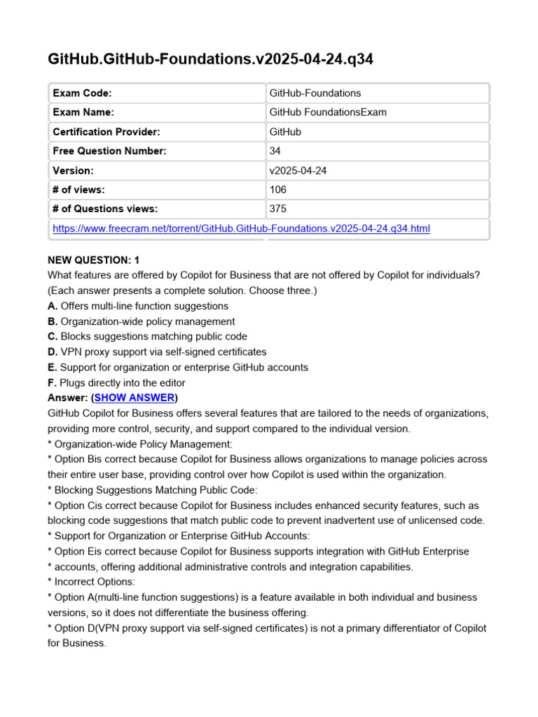 GitHub Foundations Exam Questions Overview | PDF | Version Control ...