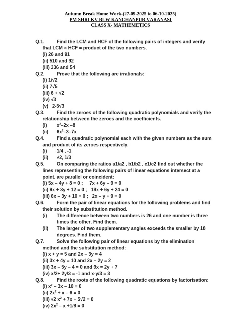 X-MATHS-Autumn Break Home Work | PDF | Polynomial | Quadratic Equation