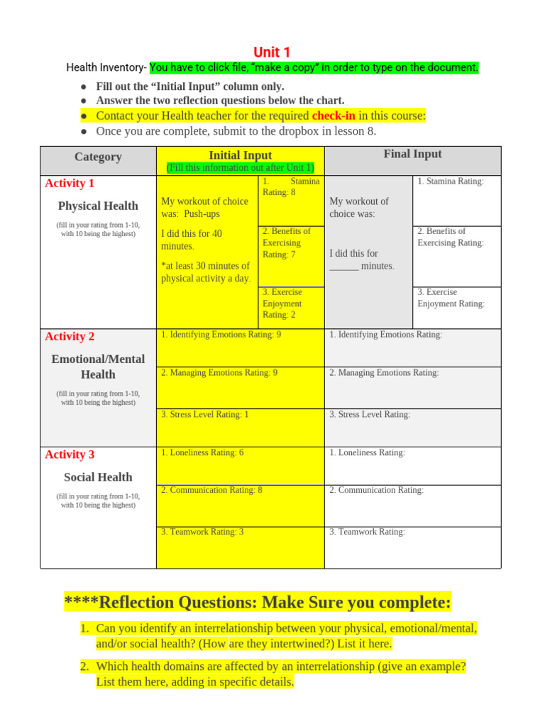 Health Inventory Reflection Guide | PDF | Emotions | Psychology