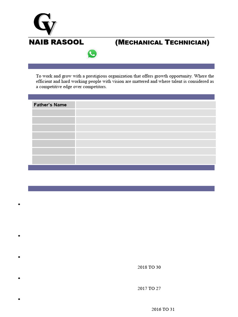 Mechanical Technician CV Summary | PDF