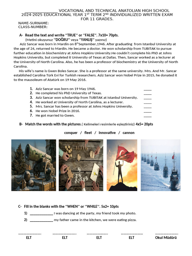 Aziz Sancar Exam Paper for 11th Grade | PDF