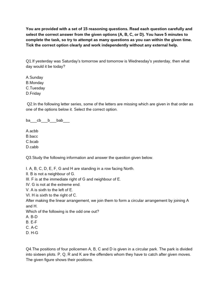 15 Reasoning Questions with Answers | PDF | Linguistics
