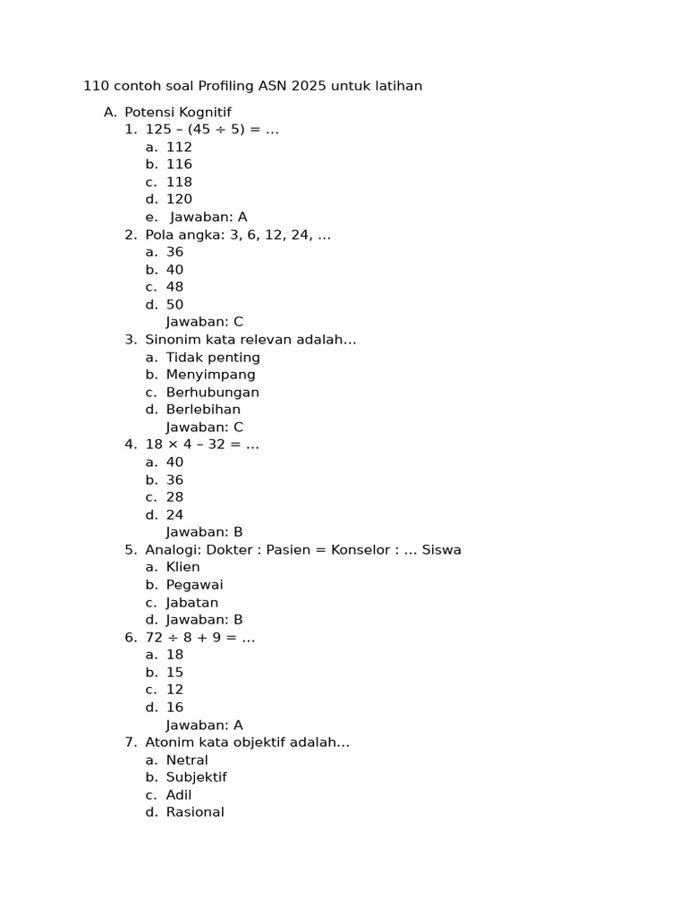 110 Soal Latihan Profiling ASN 2025 | PDF