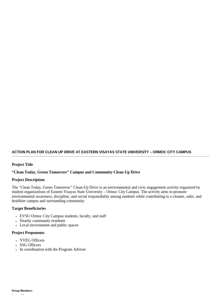 EVSU Ormoc Clean-Up Drive Action Plan | PDF