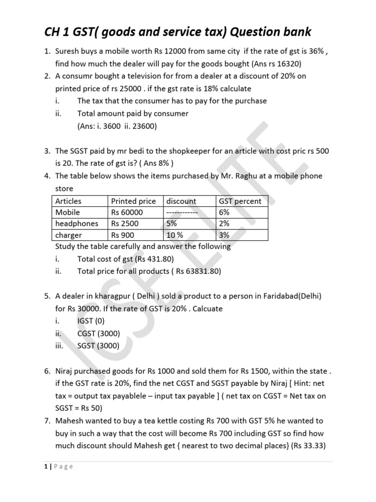 GST Question Bank for Calculations | PDF | Prices | Taxes