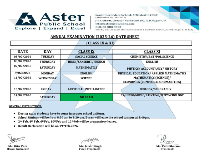 Class IX & XI Annual Exam Date Sheet 2026 | PDF