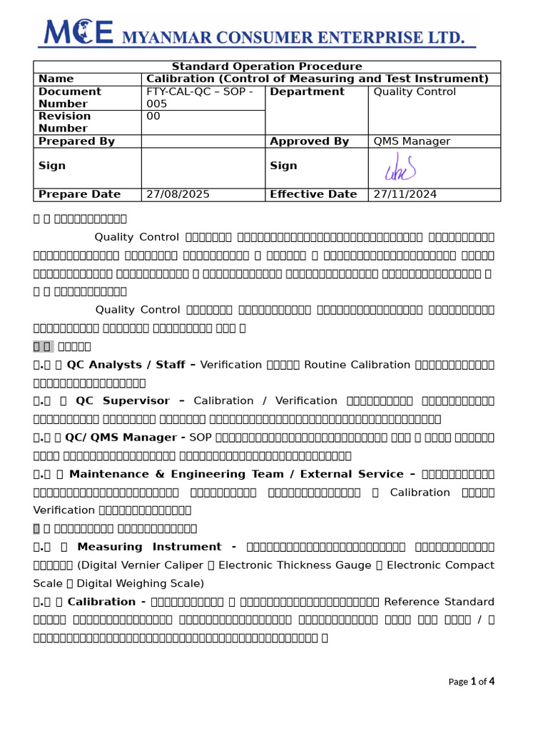 5.4, Calibration SOP | PDF