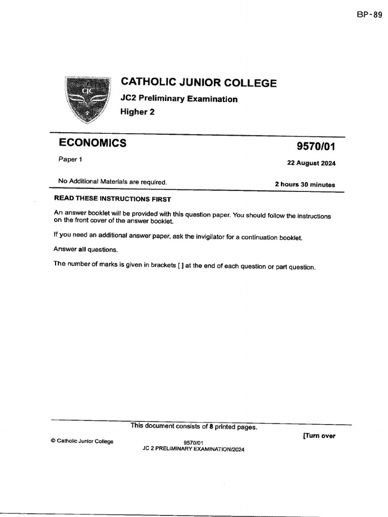 JC2 H2economics1 2024 Prelims Catholic | PDF