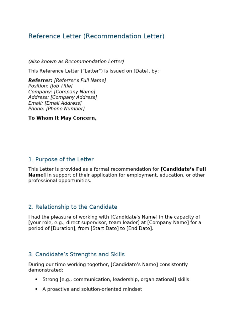 Reference Letter Template for Candidates | PDF