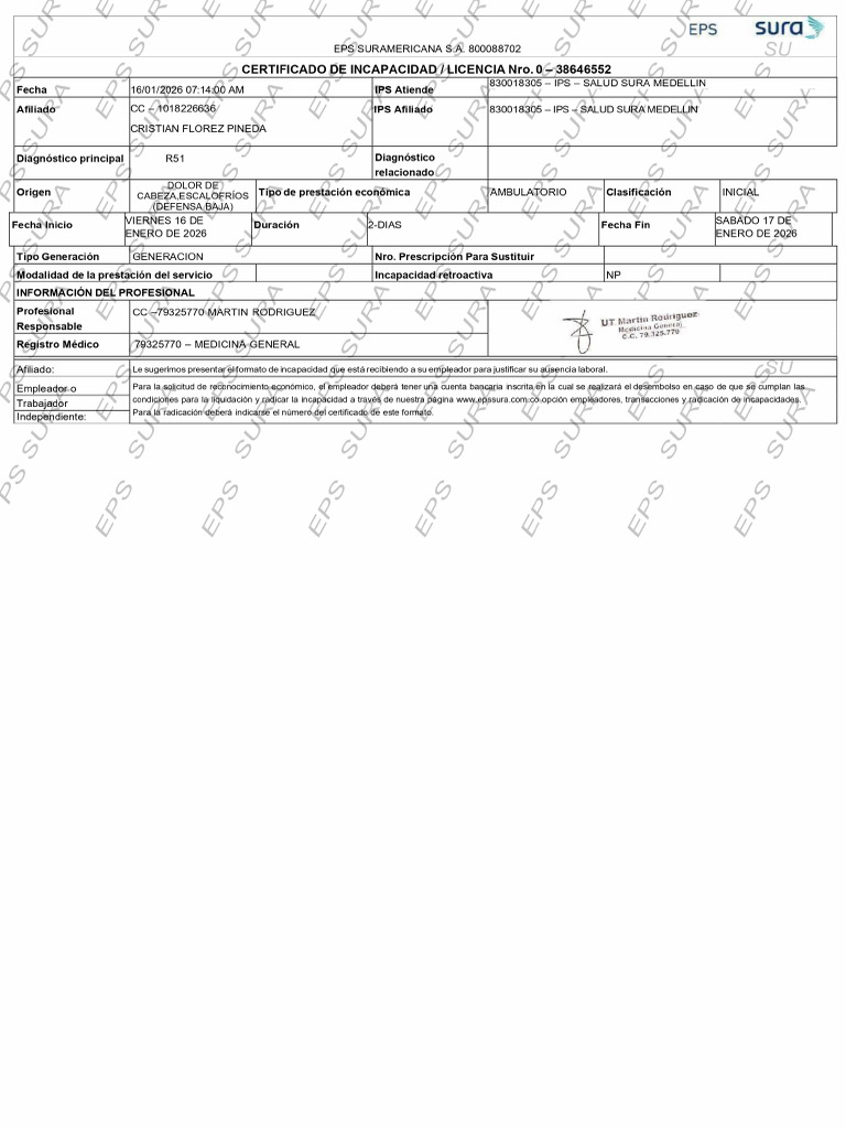 Certificado de Incapacidad EPS Sura | PDF