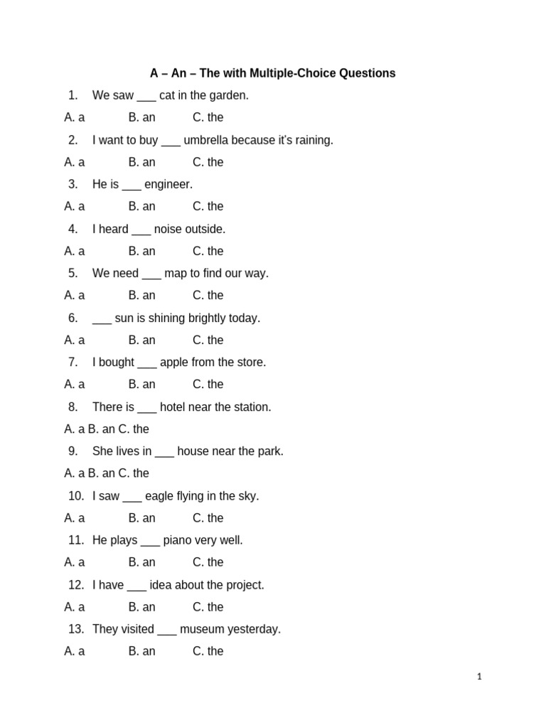 Articles Practice with Multiple-Choice Questions | PDF