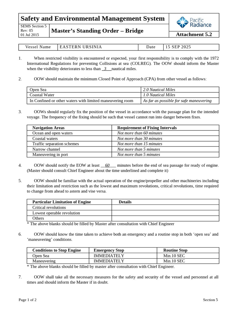 Attachment 5.2 Master's Standing Orders - Bridge | PDF