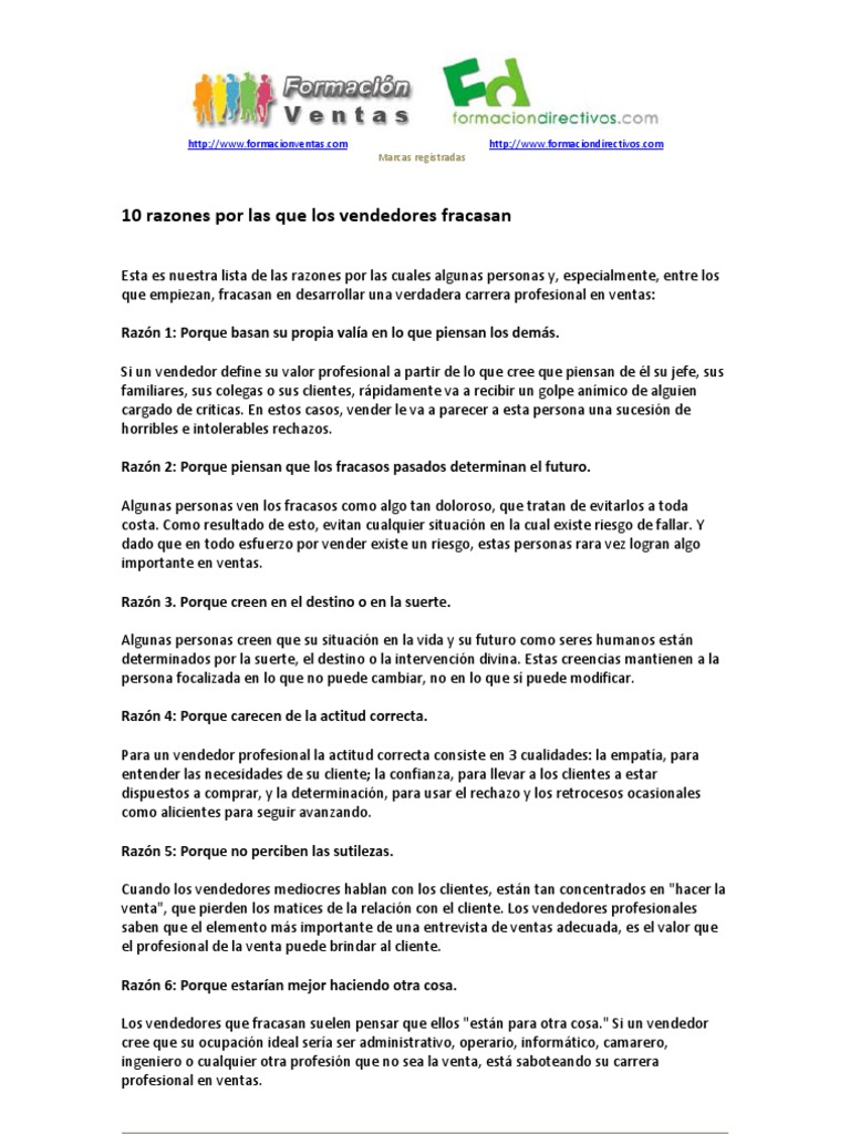 10 Razones Por Las Que Los Vendedores Fracasan | PDF | Cliente | Suerte