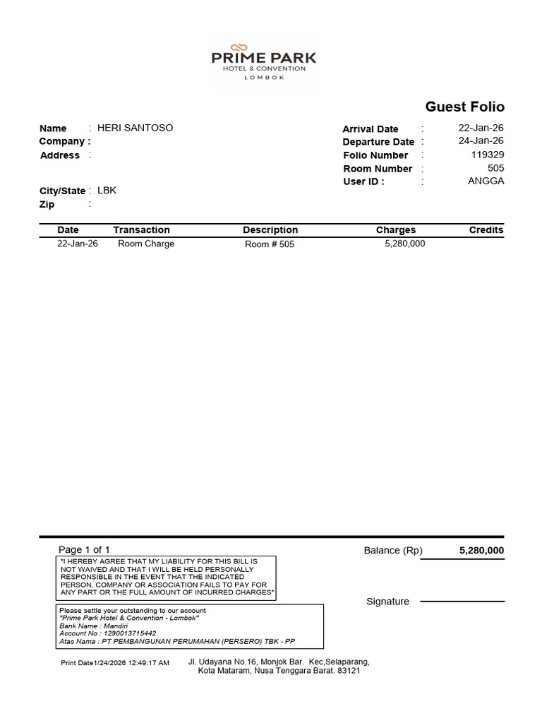 Guest Folio Invoice - Prime Park Hotel | PDF