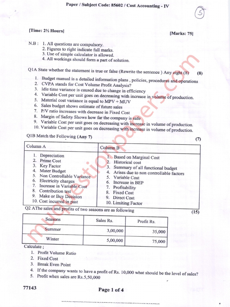 Commerce Bcom Accounting and Finance Semester 6 2025 April Cost ...