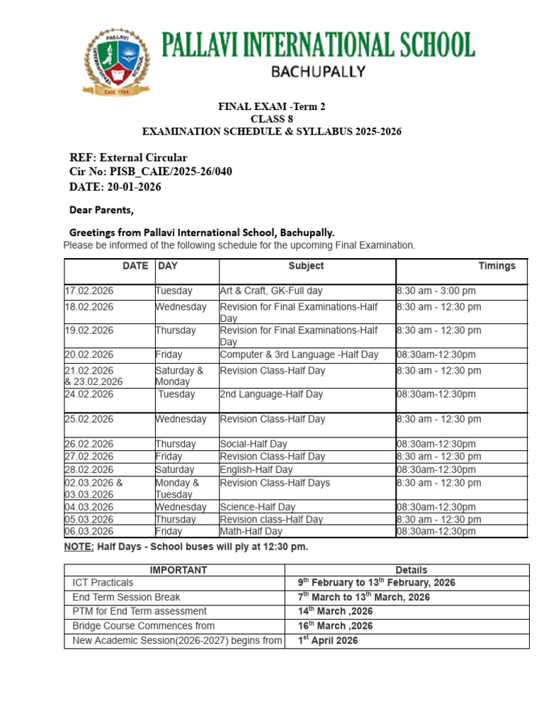 Class 8 Final Exam Schedule 2025-2026 | PDF