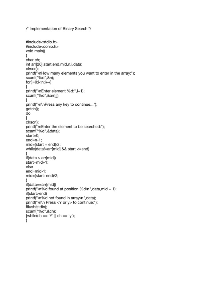 Binary Search Implementation in C | PDF