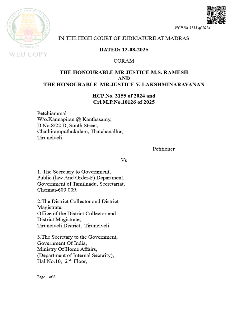 Quashing of Detention Order in HCP 3155 | PDF | Bail | Common Law