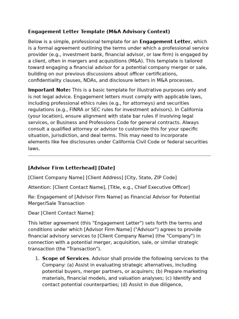 M&A Engagement Letter Template | PDF | Mergers And Acquisitions ...