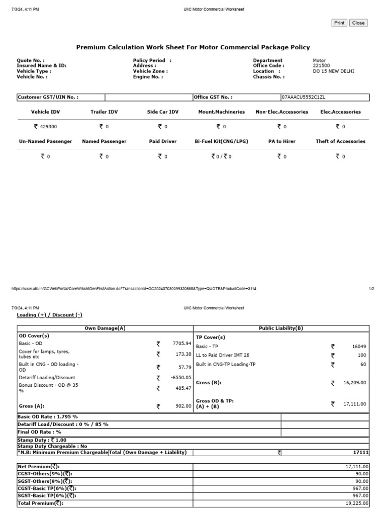 Motor Commercial Policy Premium Worksheet | PDF | Vehicles | Motor Vehicle