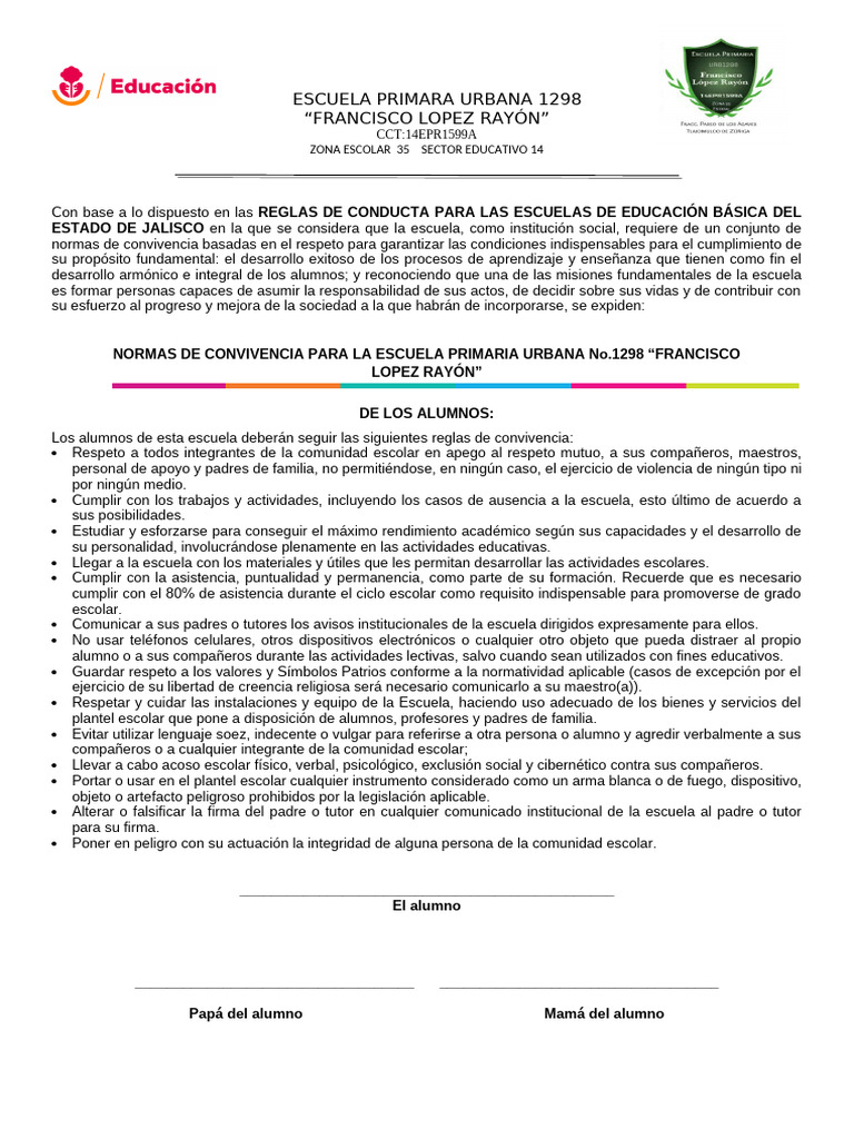 Normas de Convivencia Escolar 1298 | PDF | Escuelas | Educación primaria
