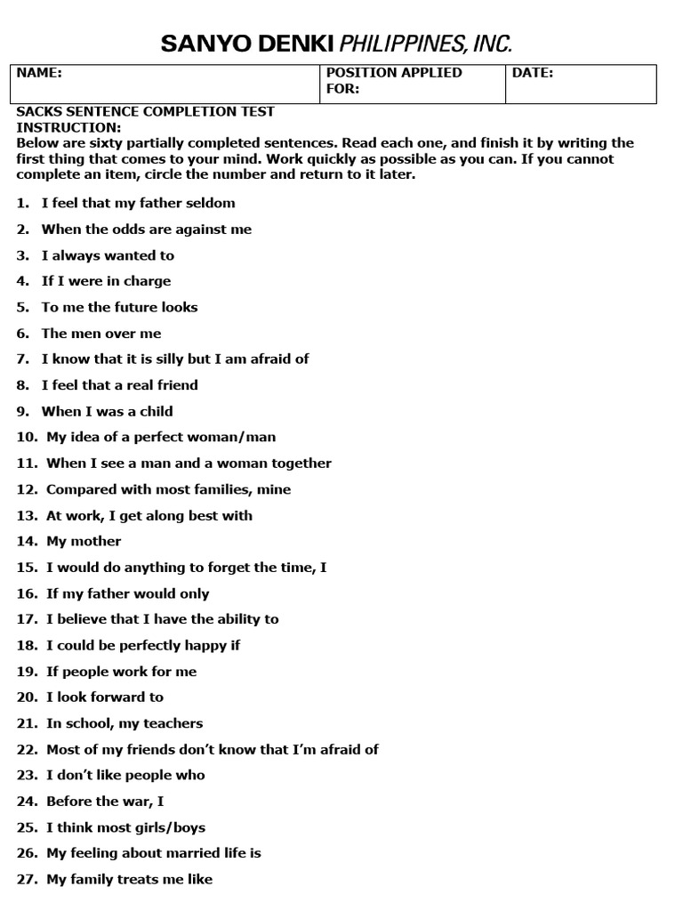 Sacks Sentence Completion Test Guide | PDF