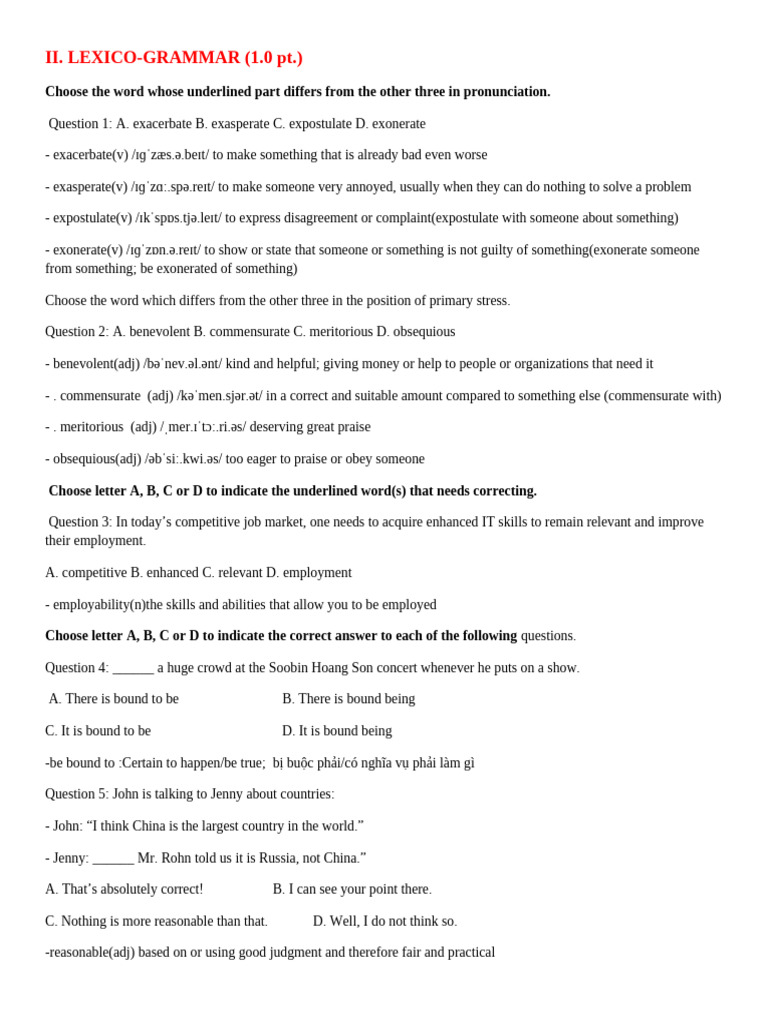 Lexico-Grammar and Vocabulary Exercises | PDF