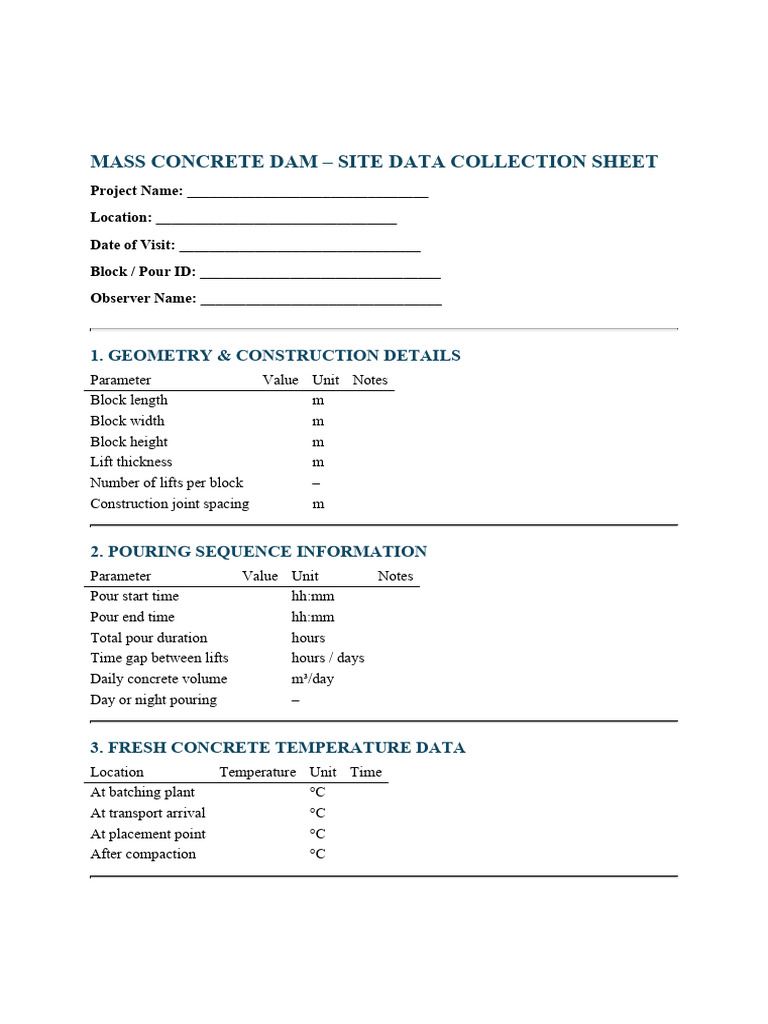 Site Data Collection Sheet | PDF | Concrete | Applied And ...
