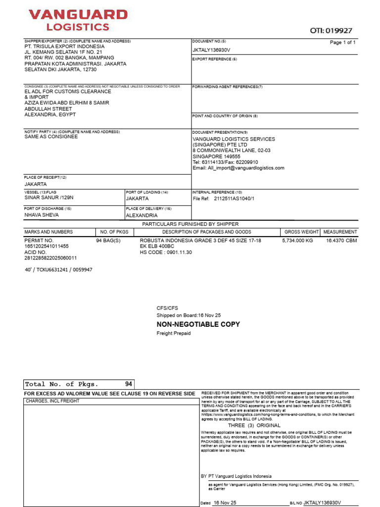 Final BL LCL JKTALY136930V-Copy Non Negotiable | PDF | Freight ...