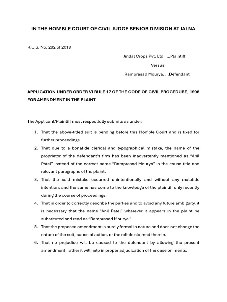 Amendment Application in R.C.S. No. 282/2019 | PDF