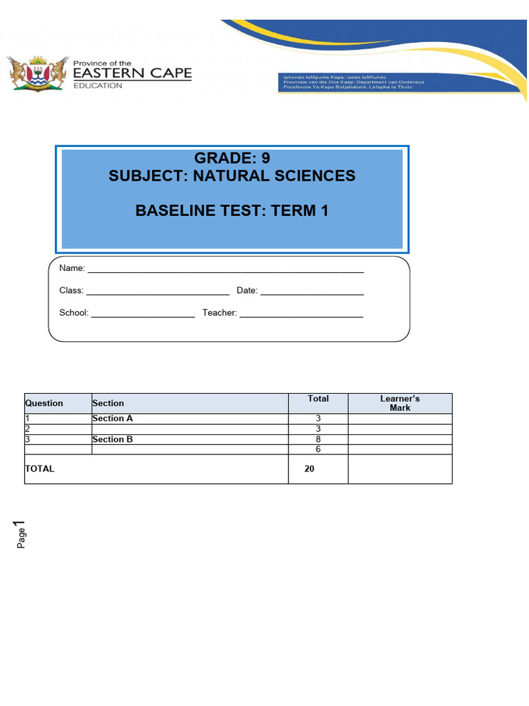 Grade 9 Natural Sciences Baseline Test | PDF | Photosynthesis | Plants